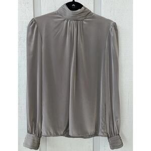 Anne Kriste Vintage High Neck Puff Sleeve Blouse Gray Satin Modest Dark Academia